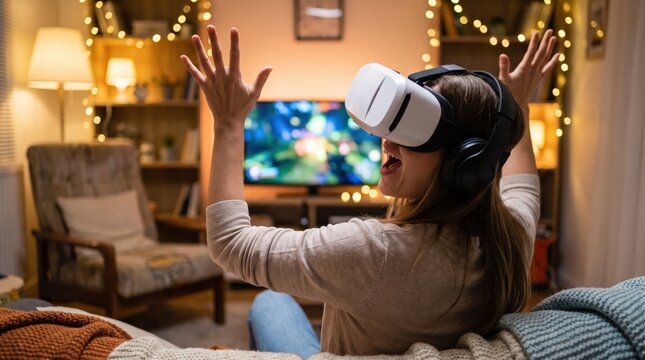 Excited young woman shouting with arms raised while playing immersive VR video game on couch at home.