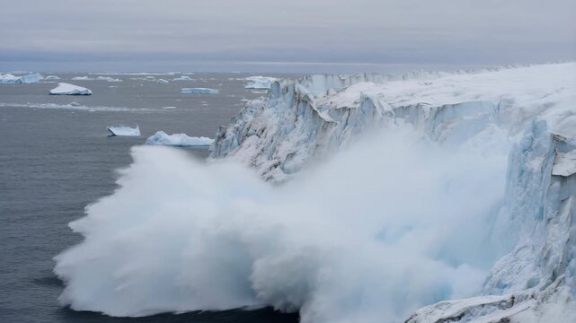 60 FPS Glacier calving event with ice cliff collapse and spray plume into polar ocean