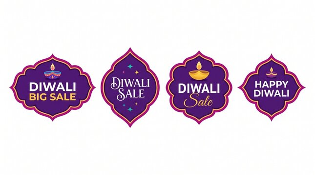Festive Diwali sale badges with decorative lamps and elegant typography for holiday vector promotion
