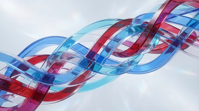 Abstract dna double helix structure with blue and red ribbons on white background