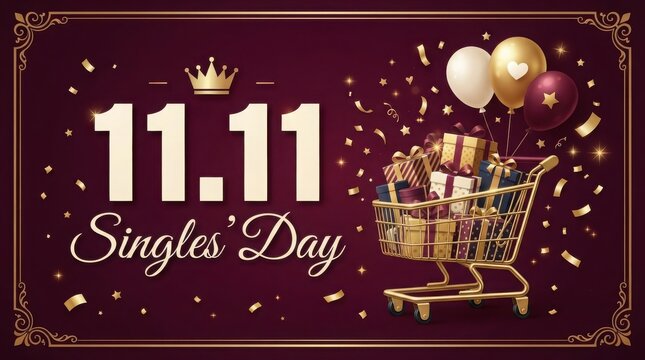 1111 singles day shopping sale banner with golden shopping cart, gift boxes, and balloons on a dark red background