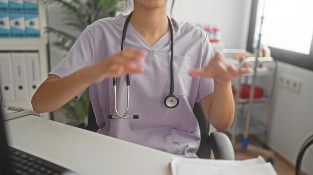 Young arab woman doctor in lilac scrubs with stethoscope forms heart with hands at clinic desk with computer and paperwork in building; compassion care.