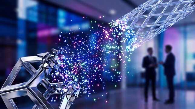 digital innovation process, a metallic structure disassembles into colorful pixels, reshaping dynamically