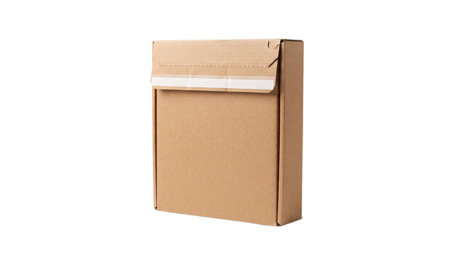 Brown cardboard shipping box with adhesive seal, corrugated mailer for e-commerce delivery, recycled paper packaging for retail isolated PNG with Transparent Background