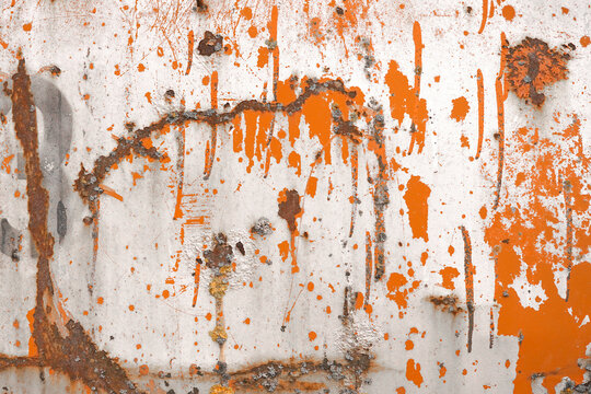Rusty abstract white orange painted scratched peeled exfoliated metal texture background