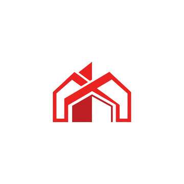 Red real estate house logo featuring modern architectural line art isolated cleanly on a pure white background.