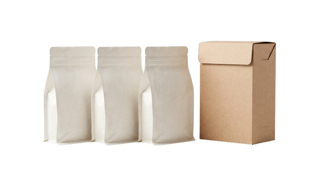Eco-friendly brown paper packaging set, three blank stand-up pouches and cardboard box, sustainable coffee or tea product mockups isolated PNG with Transparent Background