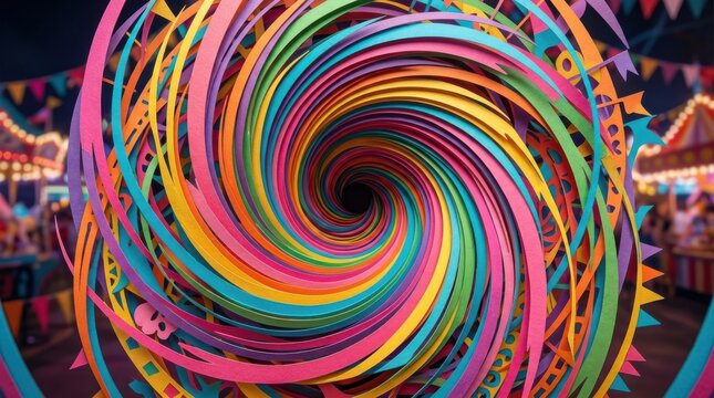 Hypnotic spiral paper vortex with colorful swirling ribbons and carnival fairground bokeh background for immersive optical art.