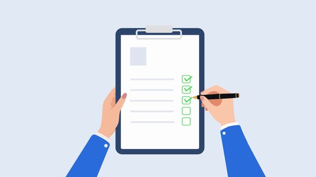 Business checklist animation showing a hand marking green checkboxes on a clipboard, representing task completion, approval, planning, workflow and productivity.