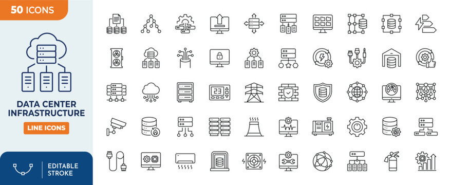 Data Center infrastructure icon set. Contain icons related to data center, infrastructure, server, network, database, cloud storage, and more. Editable stroke. 
