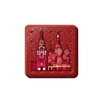 Simple 2D Vector Illustration of a Red Square Shaped Cookie Featuring Moscow Kremlin and Saint Basil Cathedral Landmark Design Isolated on White Background for Russian Travel and Food Souvenir Themes