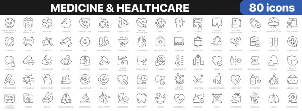 Medicine and healthcare icon set with doctors, hospitals, diagnostics, treatment, pharmacy, laboratory, vaccination, medical equipment, patient care and health symbols in linear style