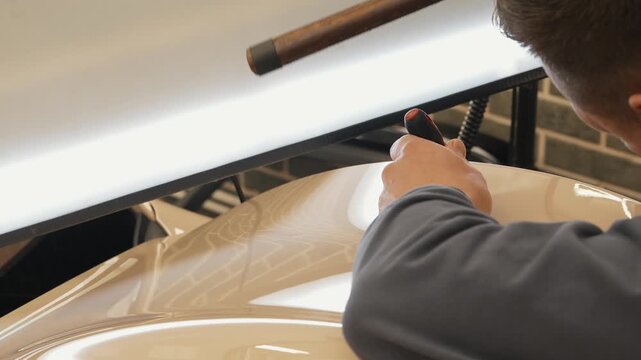 Professional master technician performing paintless dent repair PDR process with specialized blending hammer tool on a white car body indoors. Automotive body shop detailing, vehicle maintenance. 