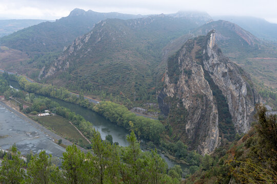 Panoramic aerial view of Ebro river and limestone cliffs in Montes Obarenes - Conchas de Haro