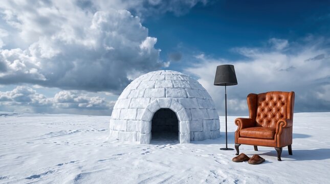 Cozy igloo with armchair and lamp in a winter landscape