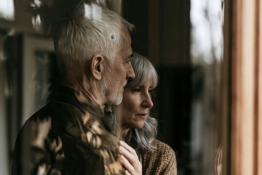 Elderly couple looking out a window