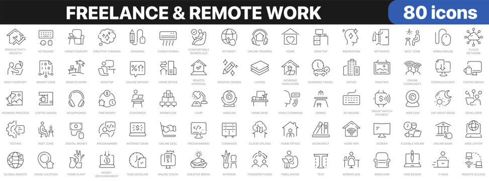 Freelance and remote work icon set with home office, online business, productivity, technology, communication and flexible workplace symbols in linear style