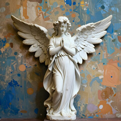 Fototapeta premium Spirituality and faith concept, white marble angel statue with wings spread in prayer, religious art and divine peace on a textured abstract background