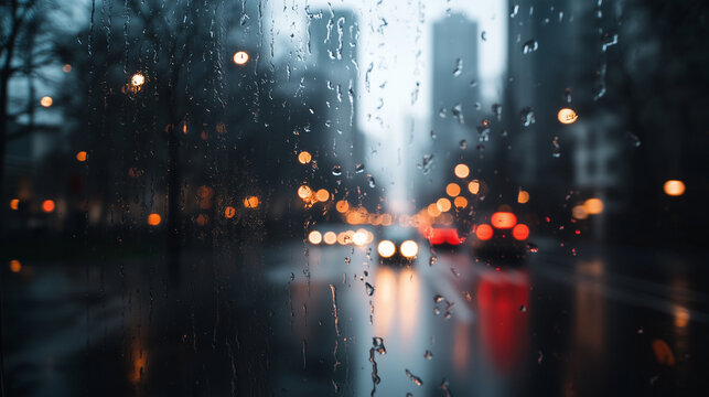 Raindrops cover the glass as cars pass by on a city street in the evening. The blurred lights create a bright scene despite the weather. Skyscrapers rise in the background.