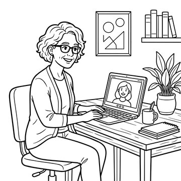 Senior woman video calling on laptop outline coloring page