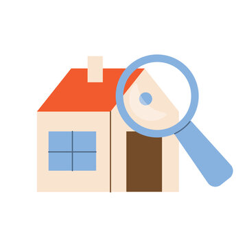 house with a magnifying glass, property search, home inspection, real estate research, housing search and property evaluation concept - vector illustration