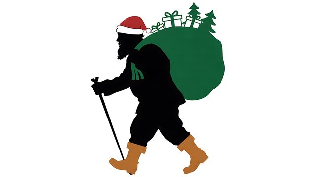 Santa claus silhouette carrying large gift sack on white background