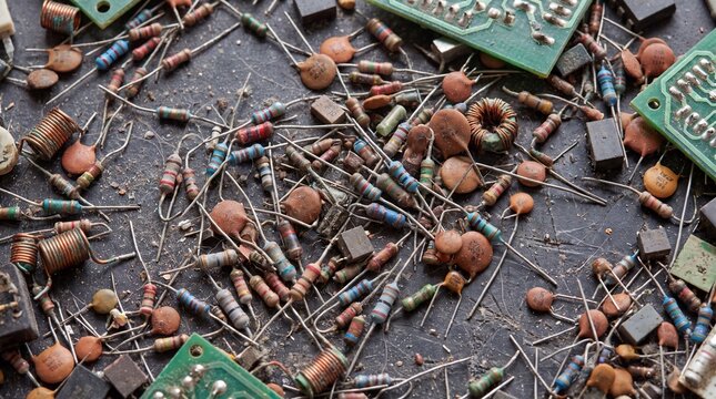 High-density textured close-up of assorted aged technology components on worn industrial surface