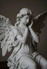 Fototapeta premium Grief and mourning concept, marble angel statue with hands on face in prayer or sorrow, religious sculpture for funeral and memorial service themes