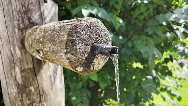 Crystal-clear spring water flowing from a rustic wooden trough in the Alps