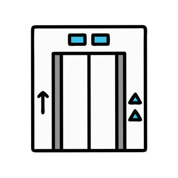 Cartoon elevator illustration in white and blue color scheme