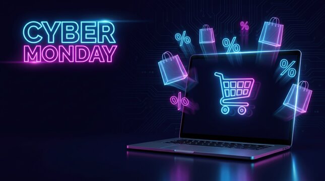 Cyber Monday sale banner with laptop and neon shopping icons