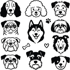 Obraz premium Dog breeds black silhouette vector set for pet animal portraits collection.