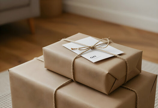Gift giving and holiday celebration, parcel wrapped in brown paper with twine and card on wooden floor for birthday surprise or seasonal shopping event