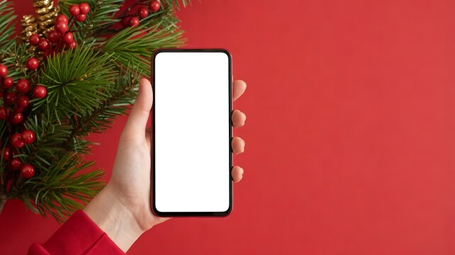 Blank smartphone screen held beside christmas greenery on red background