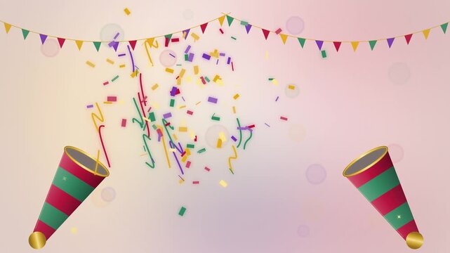 Two confetti cannons firing streamers under bunting seamless loop