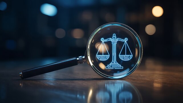 Legal justice concept with magnifying glass scales and glowing courtroom symbol