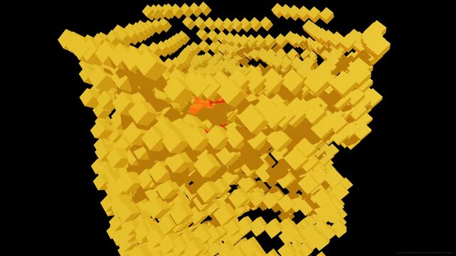 Abstract 3D object made of yellow cubes, rotating and breaking apart on black background.
