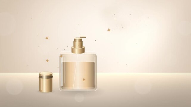 Golden perfume bottle with atomizer spraying sparkles on cream beige