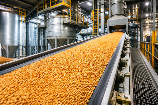 Yellow corn kernels are moving along a conveyor belt inside an industrial grain processing facility.