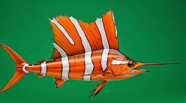 A clown sailfish with tall dorsal fin, isolated on a green background