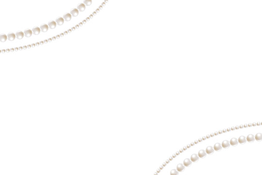 White pearl necklace wave border frame. Elegant pearl beads strand line realistic background. Luxury jewelry decorative element for wedding invitation, cards, greeting, poster and banner.