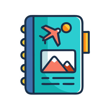 Travel planner icon with airplane and mountain landscape