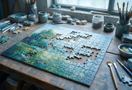 Problem solving and strategy, jigsaw puzzle in progress on an artist wooden desk with paint brushes and creative tools in a studio workshop environment