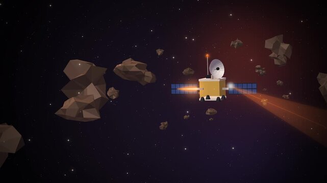 Space probe flying through a drifting asteroid field seamless loop