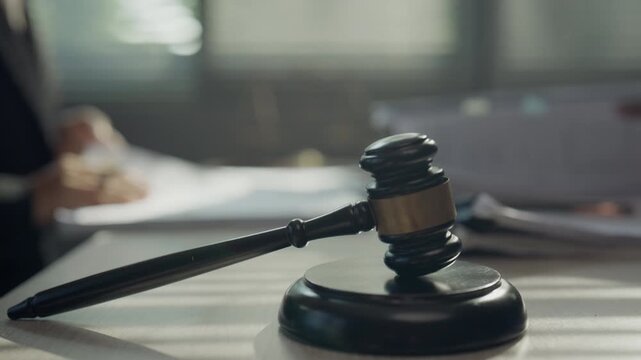 Judge Gavel on Desk During Legal Case Review in Law Office