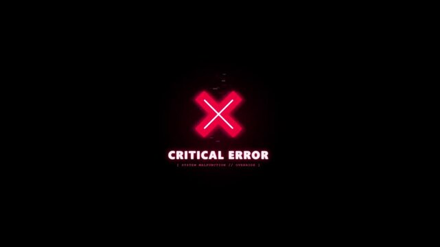 Red critical error message with glitch effect on black background. 4k