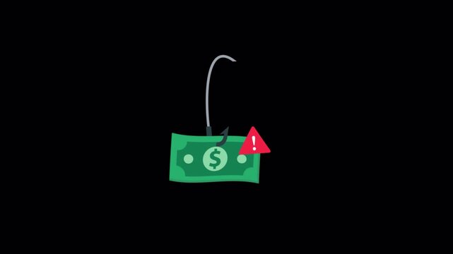 Animated Dollar Bill on a Fishing Hook with Warning Sign - Transparent