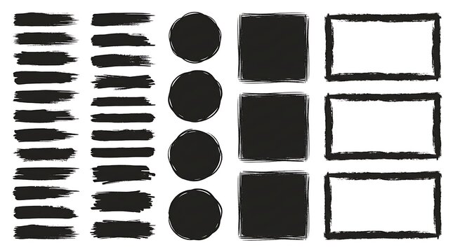 Set of black grunge brush strokes, circles, squares and rectangular frames isolated on white background