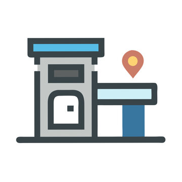 Flat illustration of a building with location marker beside