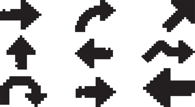 A collection of various black pixel arrow icons arranged on a white background, featuring straight, curved, and angled directional signs